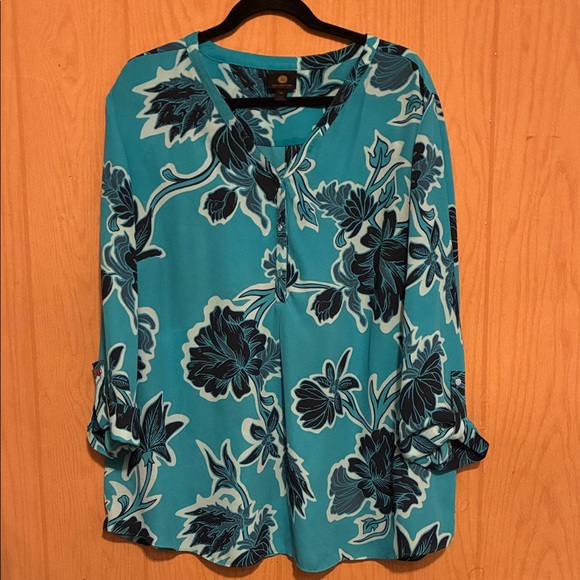 JM Collection Tops - JM Collection Teal and Navy Floral Blouse